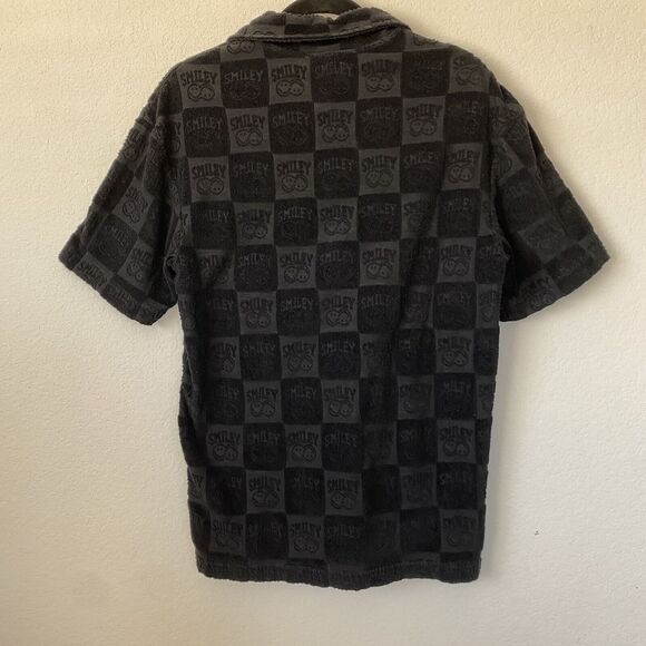 Smiley + H&M Polo Shirt Mens Black Embossed Textured Print AOP Y2K Style Size XS - Picture 2 of 9